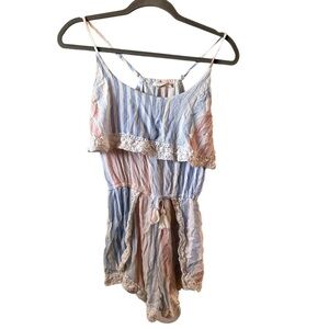 Ocean Drive Clothing Co. Women Blue Red Cream Kiawah Romper L Crochet Rayon